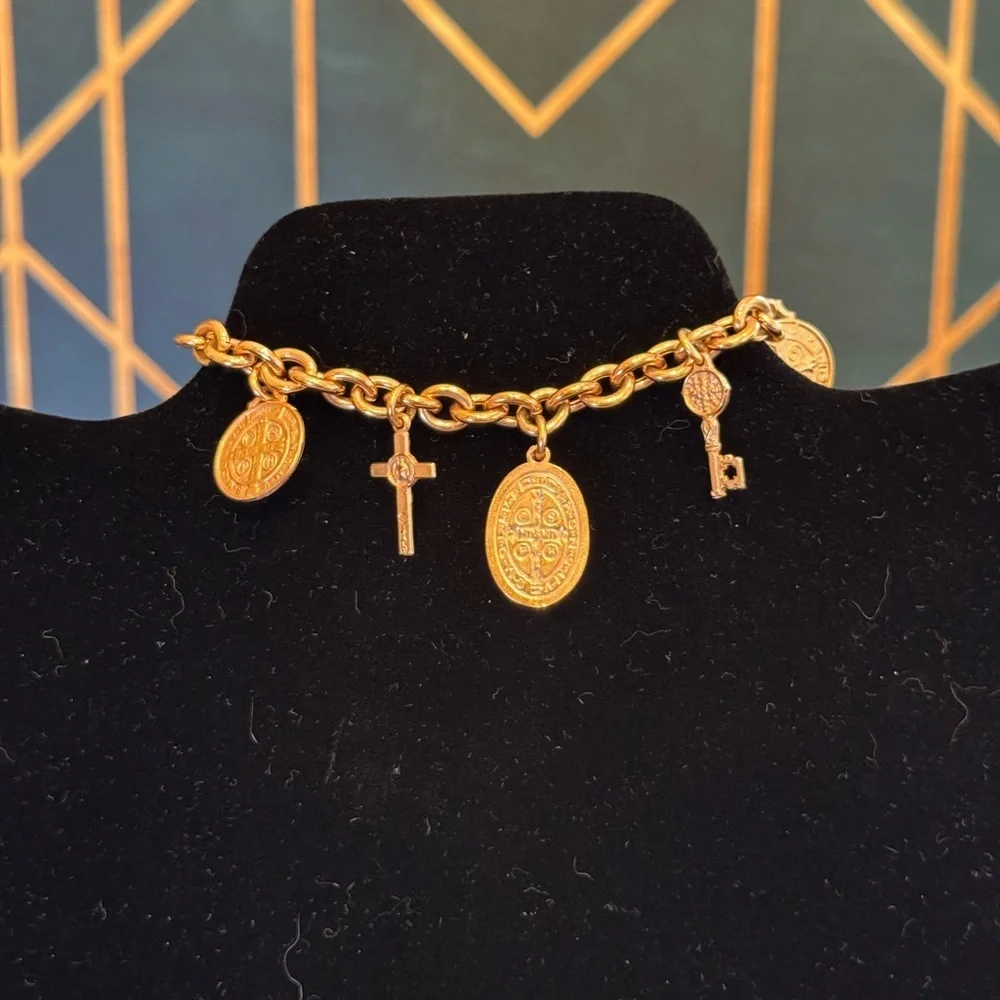 Rose Gold Religious Charm Bracelet with Key and Coin Pendants